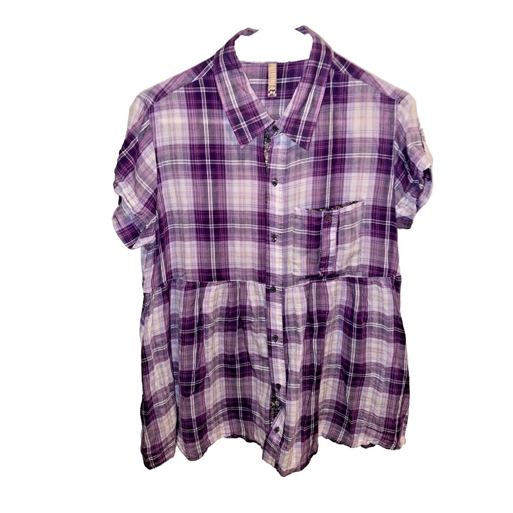 Free People Shirt Women’s Medium Plaid Long Sleeve Top Purple Boho